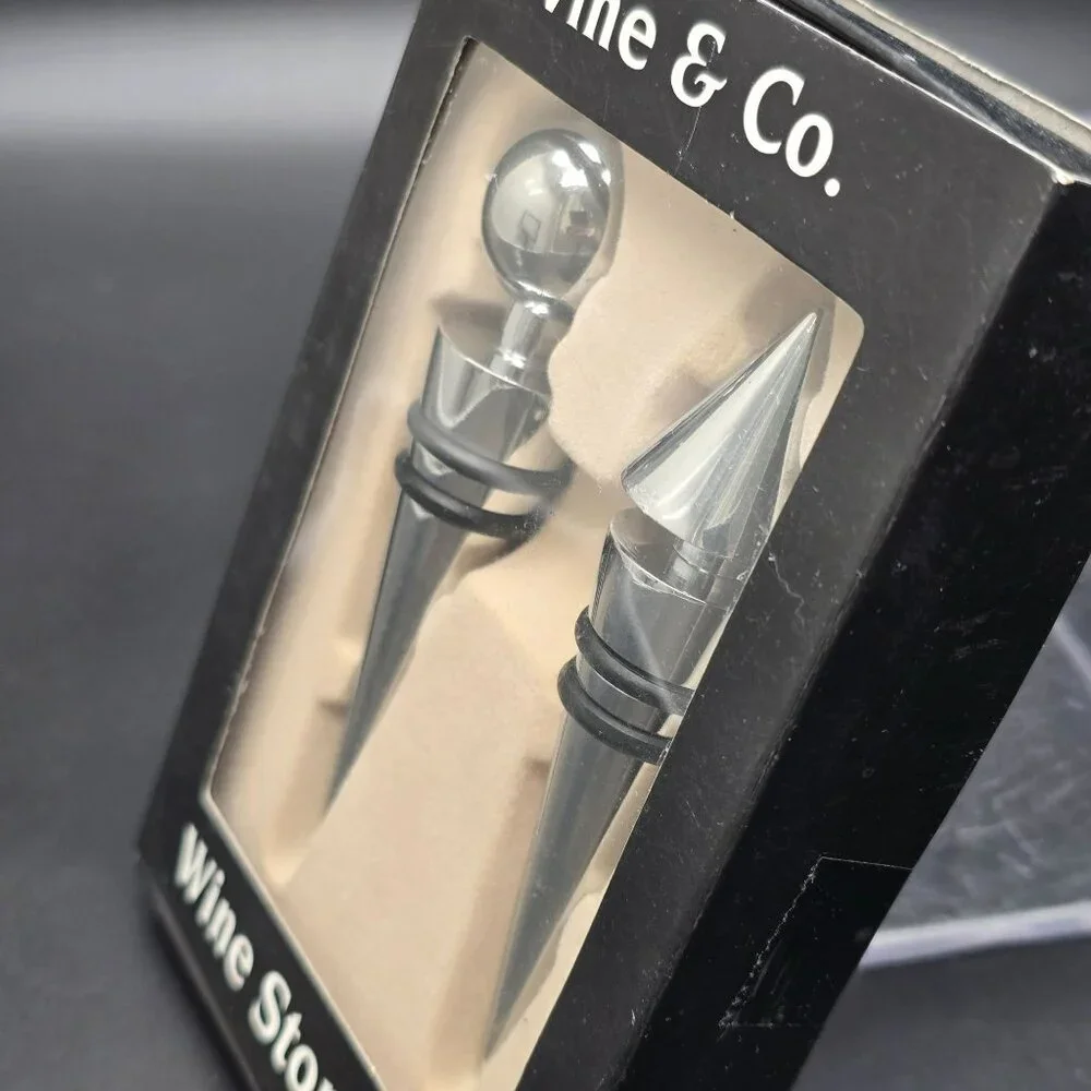 Silver Wine Stoppers Set Of 2 Vine & Co. Unique Designs Barware NIB JJ3971